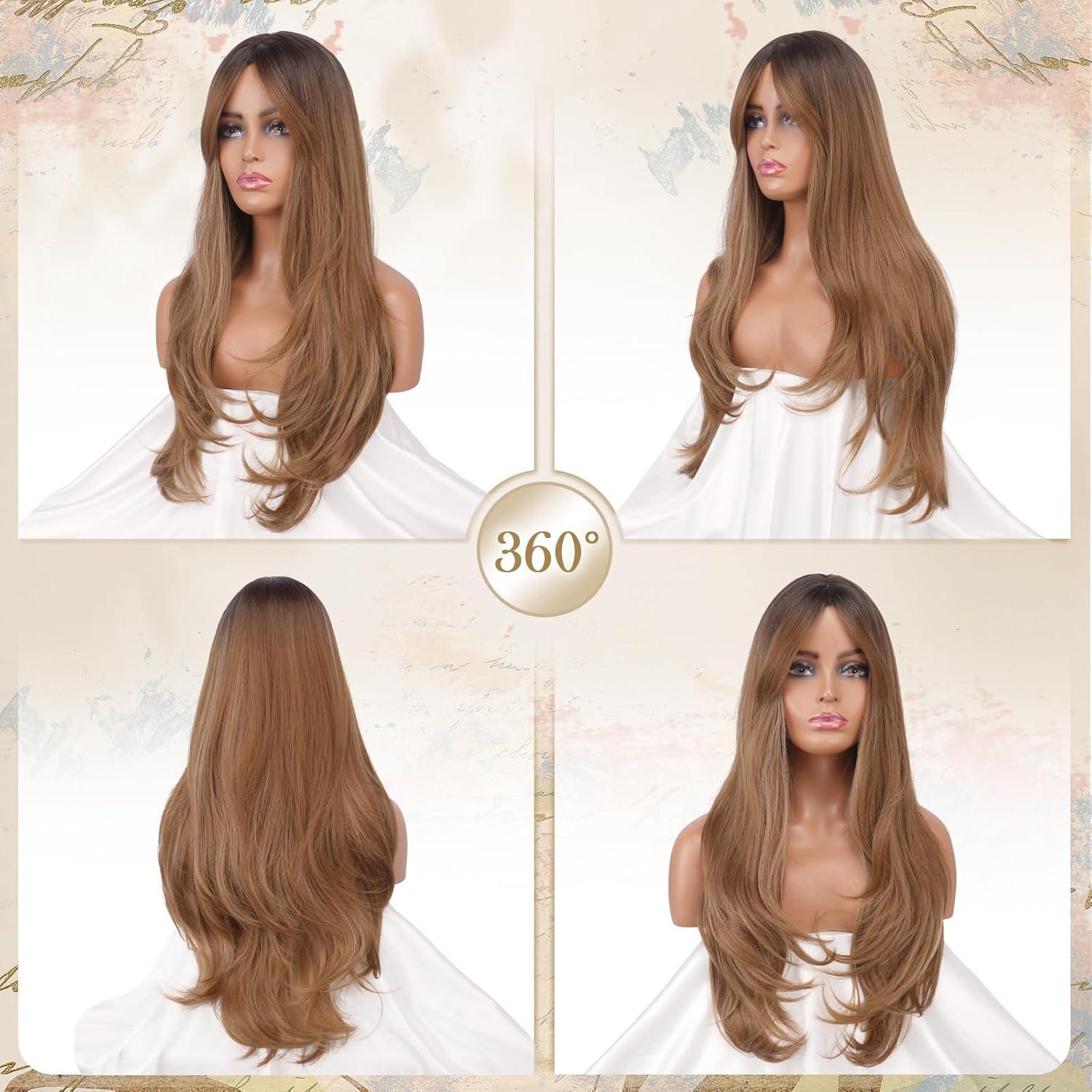 imageFESHFEN Wigs for Women Long Layered Wigs with Curtain Bangs Natural Looking Synthetic Heat Resistant Hair Wig for Daily Use Party 26 inch Ombre BrownOmbre Brown