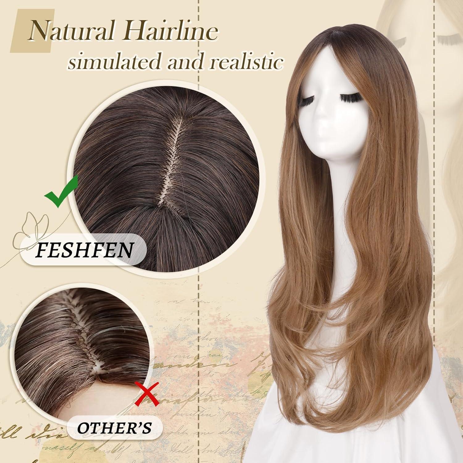 imageFESHFEN Wigs for Women Long Layered Wigs with Curtain Bangs Natural Looking Synthetic Heat Resistant Hair Wig for Daily Use Party 26 inch Ombre BrownOmbre Brown