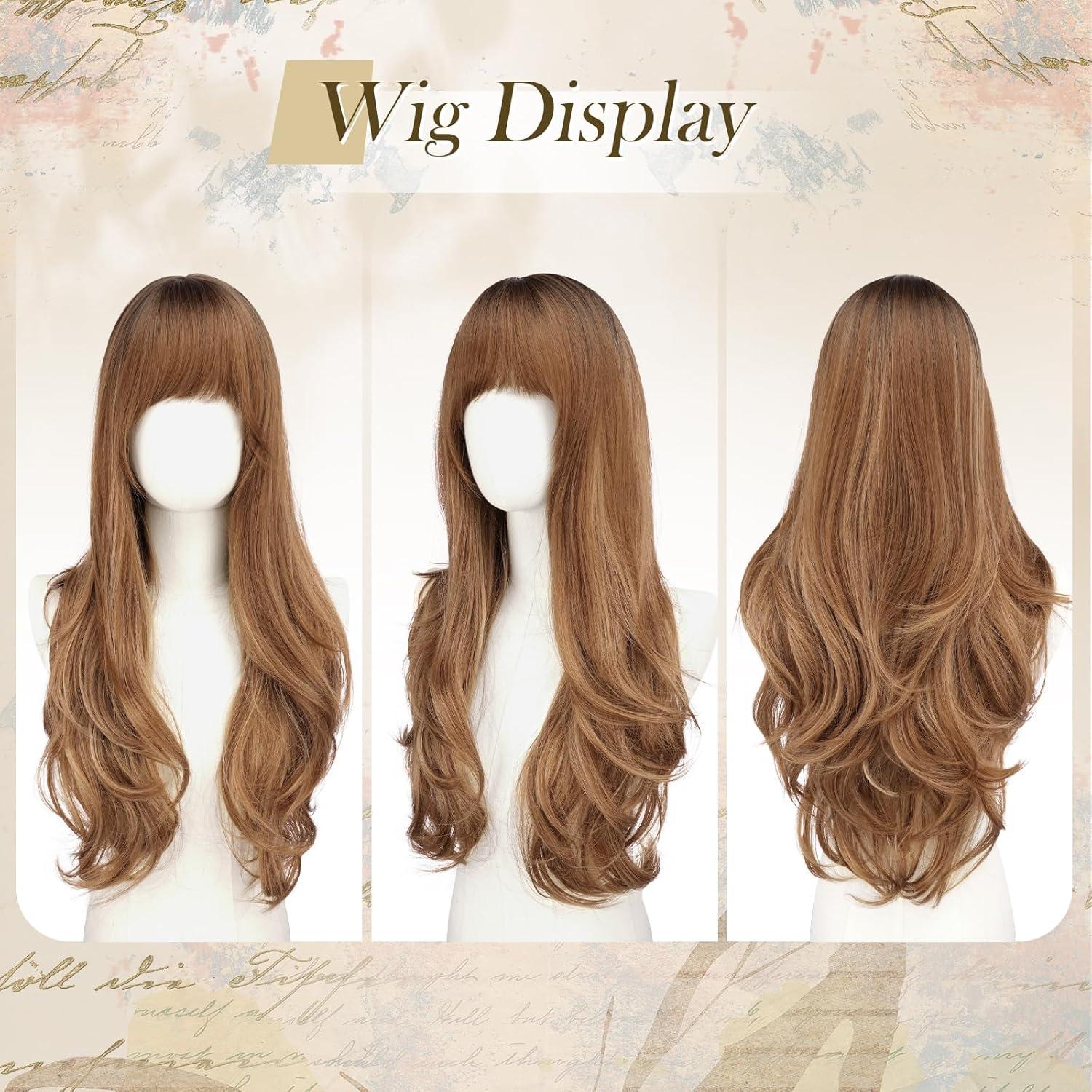 imageFESHFEN Wigs for Women Long Layered Wigs with Curtain Bangs Natural Looking Synthetic Heat Resistant Hair Wig for Daily Use Party 26 inch Ombre BrownOmbre Brown