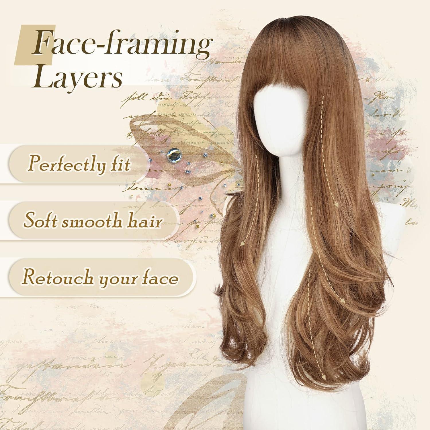 imageFESHFEN Wigs for Women Long Layered Wigs with Curtain Bangs Natural Looking Synthetic Heat Resistant Hair Wig for Daily Use Party 26 inch Ombre BrownOmbre Brown