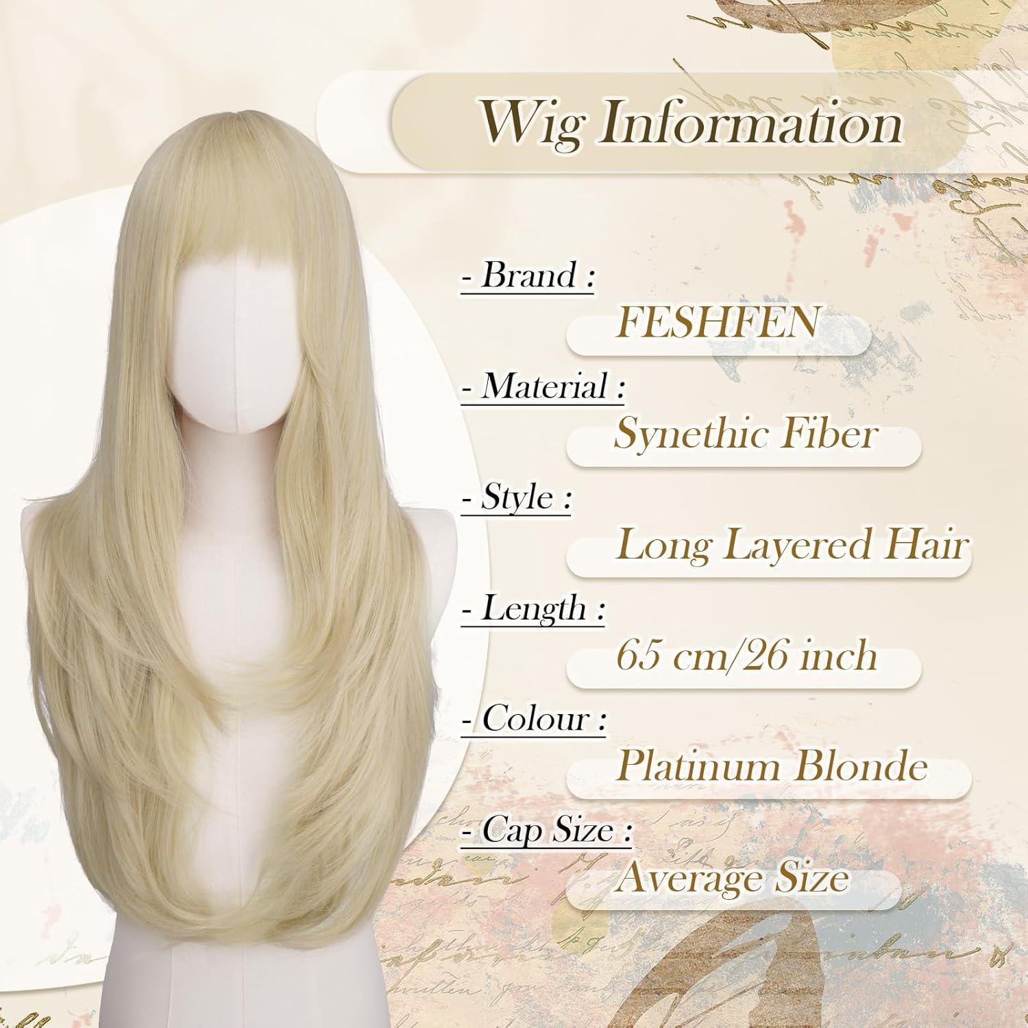 imageFESHFEN Wigs for Women Long Layered Wigs with Curtain Bangs Natural Looking Synthetic Heat Resistant Hair Wig for Daily Use Party 26 inch Ombre BrownPlatinum Blonde