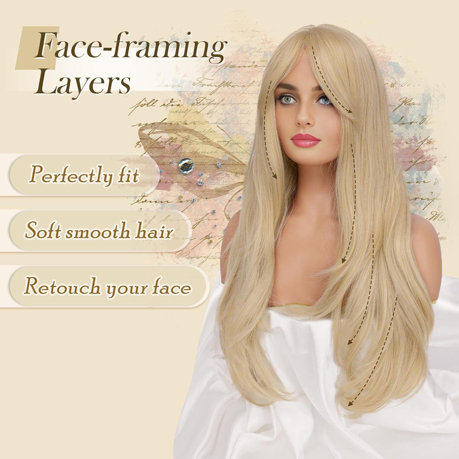 imageFESHFEN Wigs for Women Long Layered Wigs with Curtain Bangs Natural Looking Synthetic Heat Resistant Hair Wig for Daily Use Party 26 inch Ombre BrownPlatinum Blonde