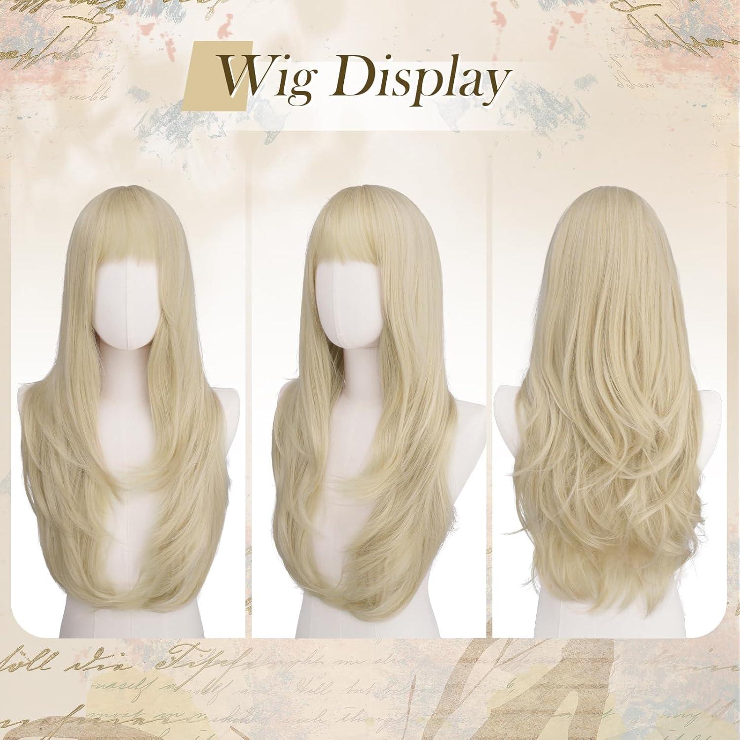 imageFESHFEN Wigs for Women Long Layered Wigs with Curtain Bangs Natural Looking Synthetic Heat Resistant Hair Wig for Daily Use Party 26 inch Ombre BrownPlatinum Blonde