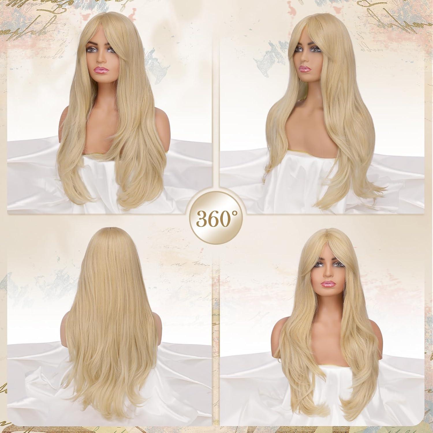 imageFESHFEN Wigs for Women Long Layered Wigs with Curtain Bangs Natural Looking Synthetic Heat Resistant Hair Wig for Daily Use Party 26 inch Ombre BrownPlatinum Blonde