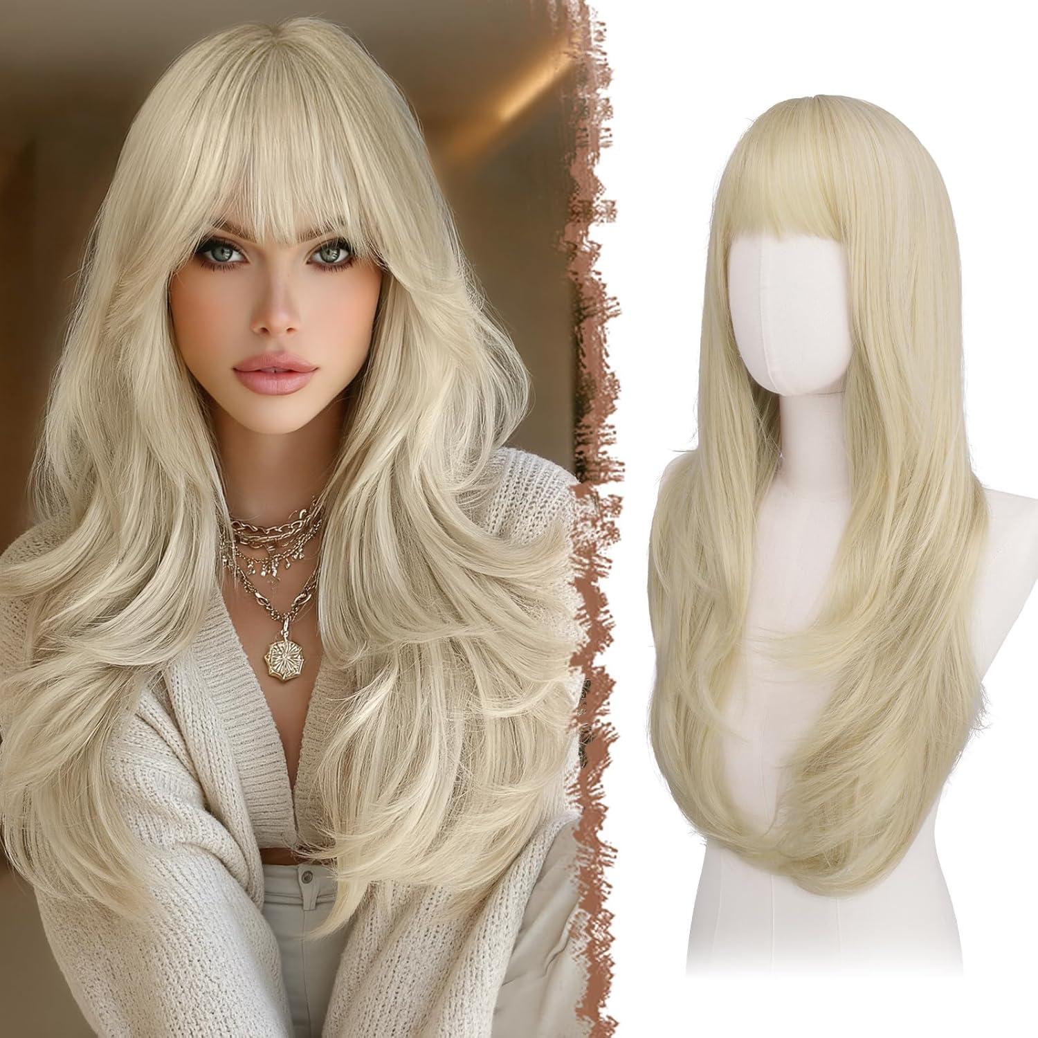 imageFESHFEN Wigs for Women Long Layered Wigs with Curtain Bangs Natural Looking Synthetic Heat Resistant Hair Wig for Daily Use Party 26 inch Ombre BrownPlatinum Blonde