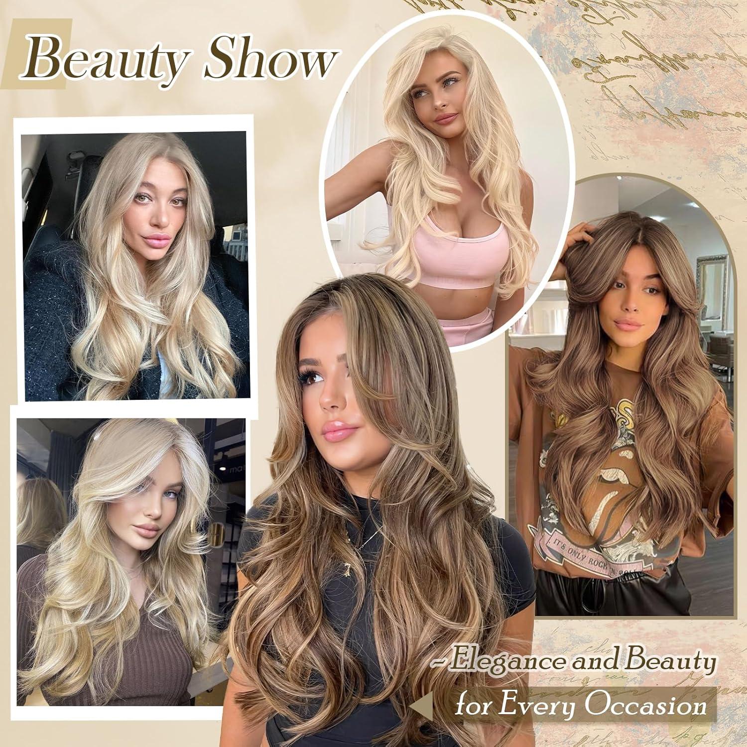imageFESHFEN Wigs for Women Long Layered Wigs with Curtain Bangs Natural Looking Synthetic Heat Resistant Hair Wig for Daily Use Party 26 inch Ombre BrownPlatinum Blonde