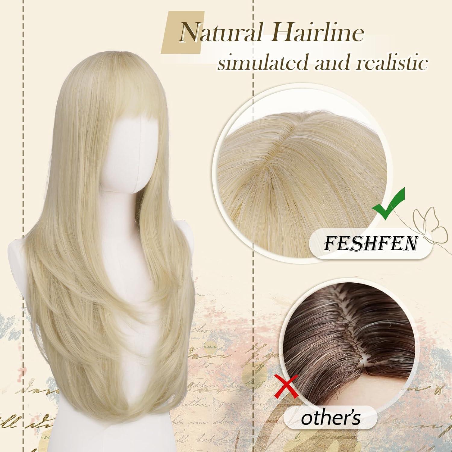 imageFESHFEN Wigs for Women Long Layered Wigs with Curtain Bangs Natural Looking Synthetic Heat Resistant Hair Wig for Daily Use Party 26 inch Ombre BrownPlatinum Blonde
