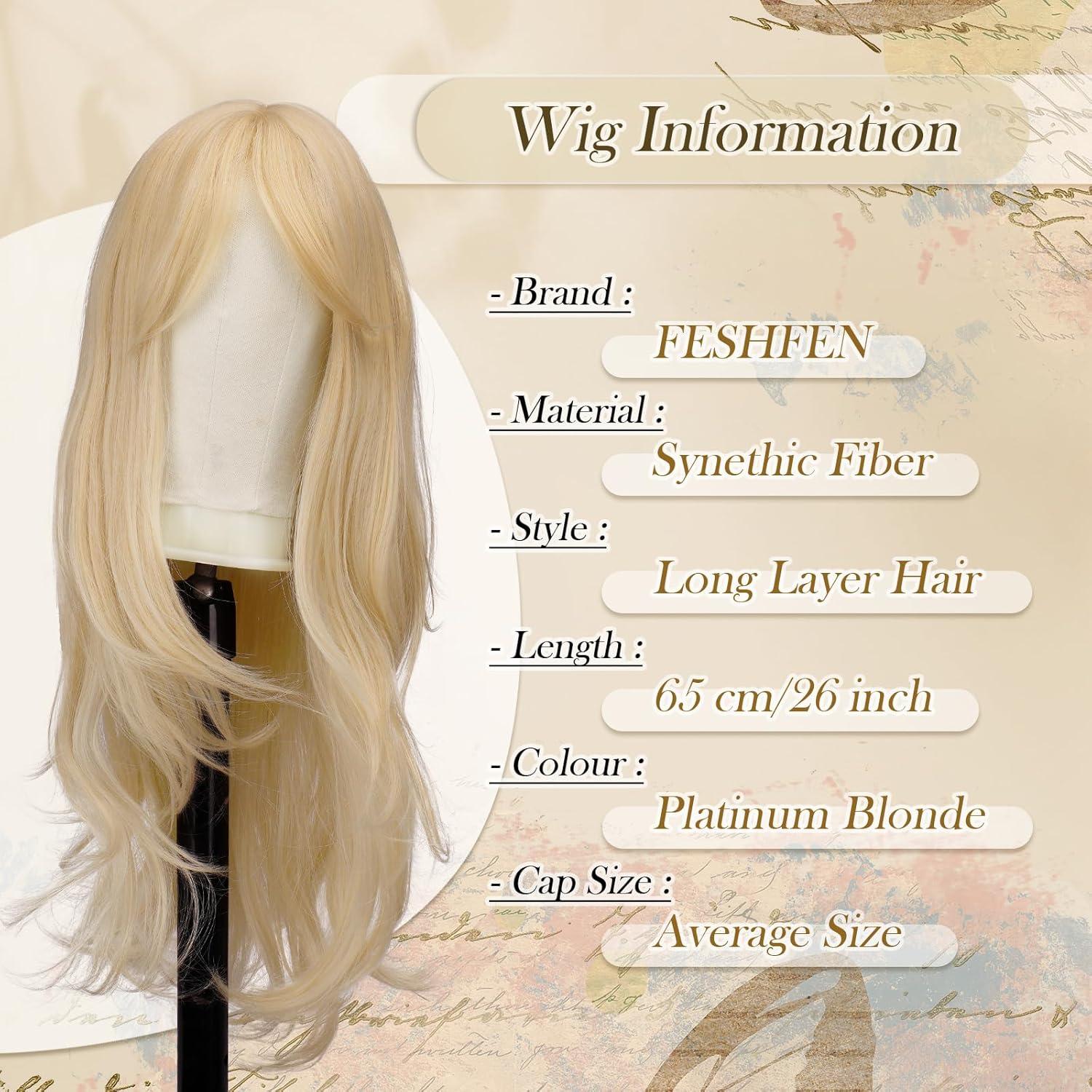 imageFESHFEN Wigs for Women Long Layered Wigs with Curtain Bangs Natural Looking Synthetic Heat Resistant Hair Wig for Daily Use Party 26 inch Ombre BrownPlatinum Blonde