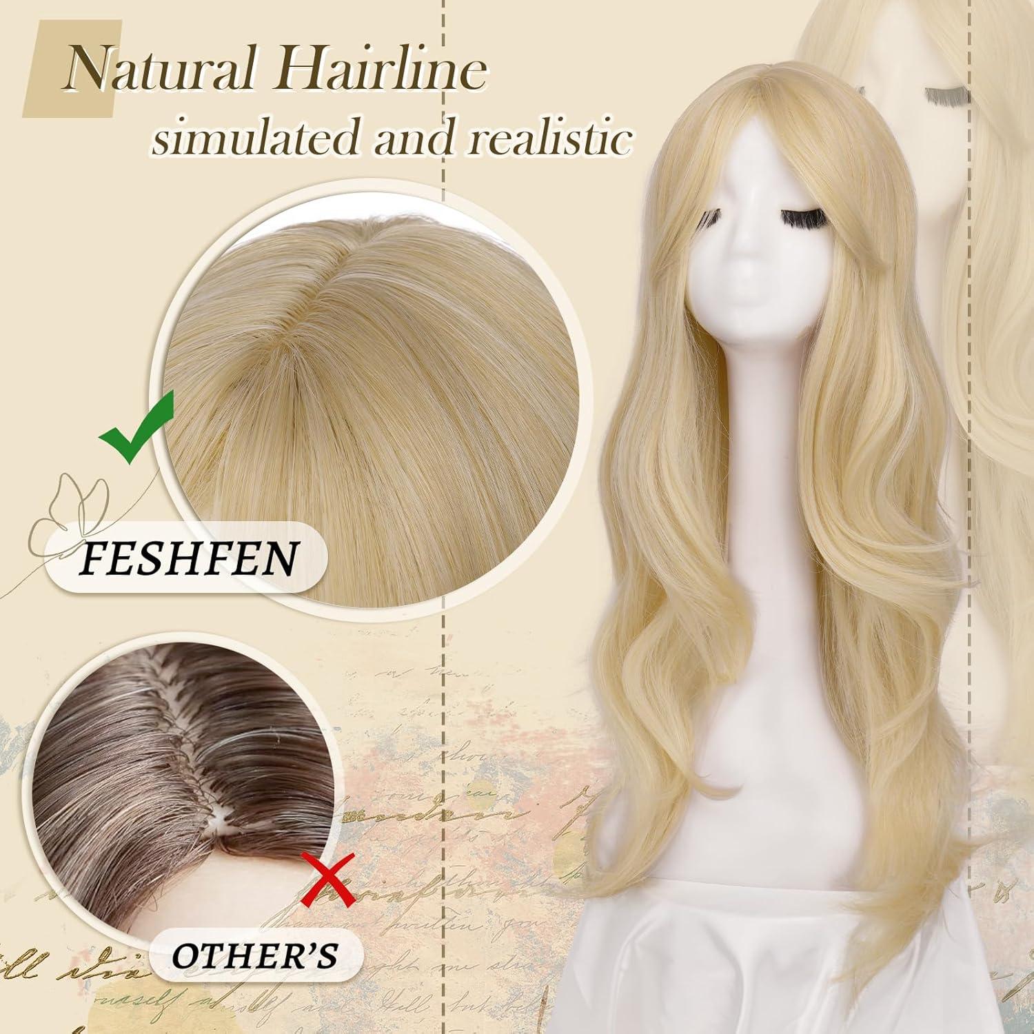 imageFESHFEN Wigs for Women Long Layered Wigs with Curtain Bangs Natural Looking Synthetic Heat Resistant Hair Wig for Daily Use Party 26 inch Ombre BrownPlatinum Blonde