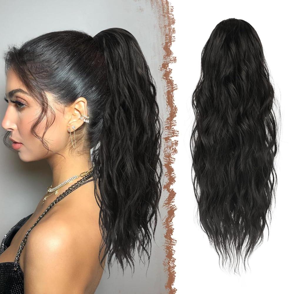 imageFESHFEN Black Ponytail Extensions Drawstring Ponytails Hair Extension Off Black Long Curly Wavy Hair Piece Synthetic Pony Tail Hairpieces for Women 18 inch