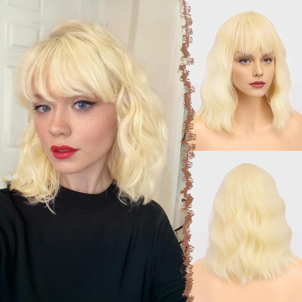imageFESHFEN Bob Wigs with Bangs Green Shoulder Length Wavy Wig Synthetic Hair Wig for Women Costume Party Daily 14 inch613 Blonde