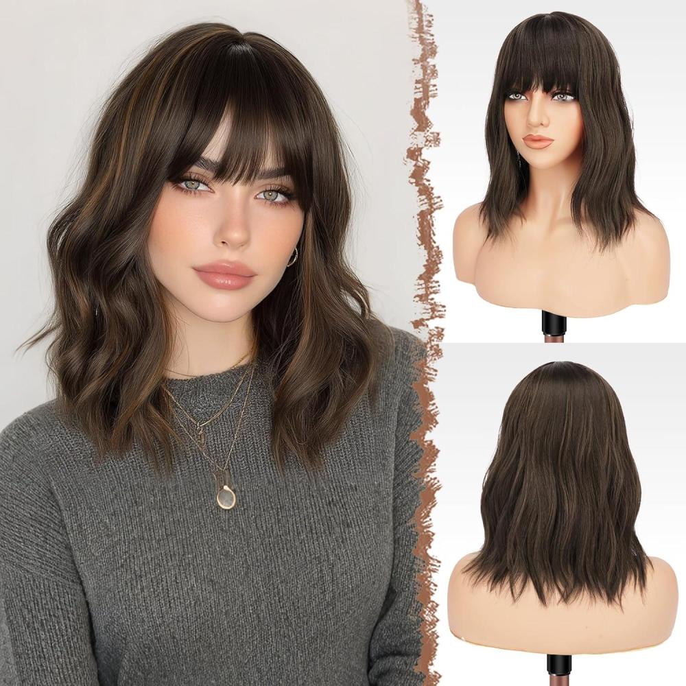 imageFESHFEN Bob Wigs with Bangs Green Shoulder Length Wavy Wig Synthetic Hair Wig for Women Costume Party Daily 14 inchBrown with Highlights