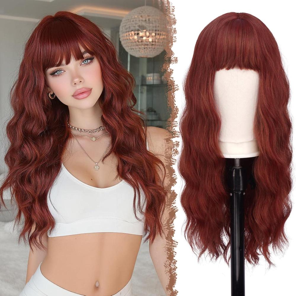 imageFESHFEN Brown Blonde Wig with Bangs for Women Long Wavy Natural Looking Synthetic Hair Wigs for Daily Party Costume Brown Mixed Blonde 26 inchCopper Red