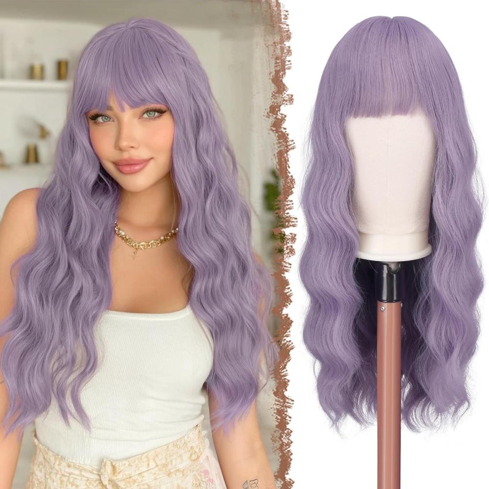 imageFESHFEN Brown Blonde Wig with Bangs for Women Long Wavy Natural Looking Synthetic Hair Wigs for Daily Party Costume Brown Mixed Blonde 26 inchPurple