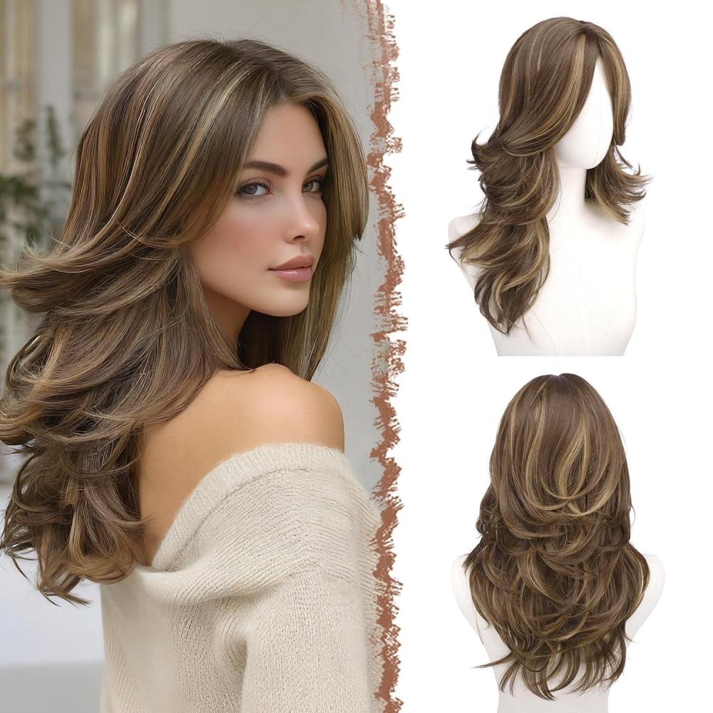 imageFESHFEN Grey Wavy Layered Wig with Curtain Bangs for Women 22 Inch Long Synthetic Natural Looking Middle Part Hair Wig For Costume Party Daily UseBrown Mixed Blonde