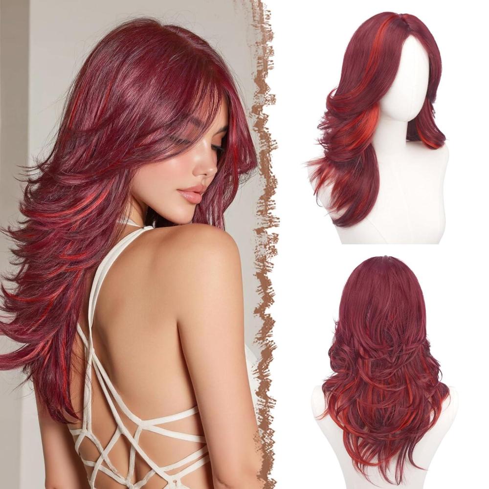 imageFESHFEN Grey Wavy Layered Wig with Curtain Bangs for Women 22 Inch Long Synthetic Natural Looking Middle Part Hair Wig For Costume Party Daily UseMixed Red