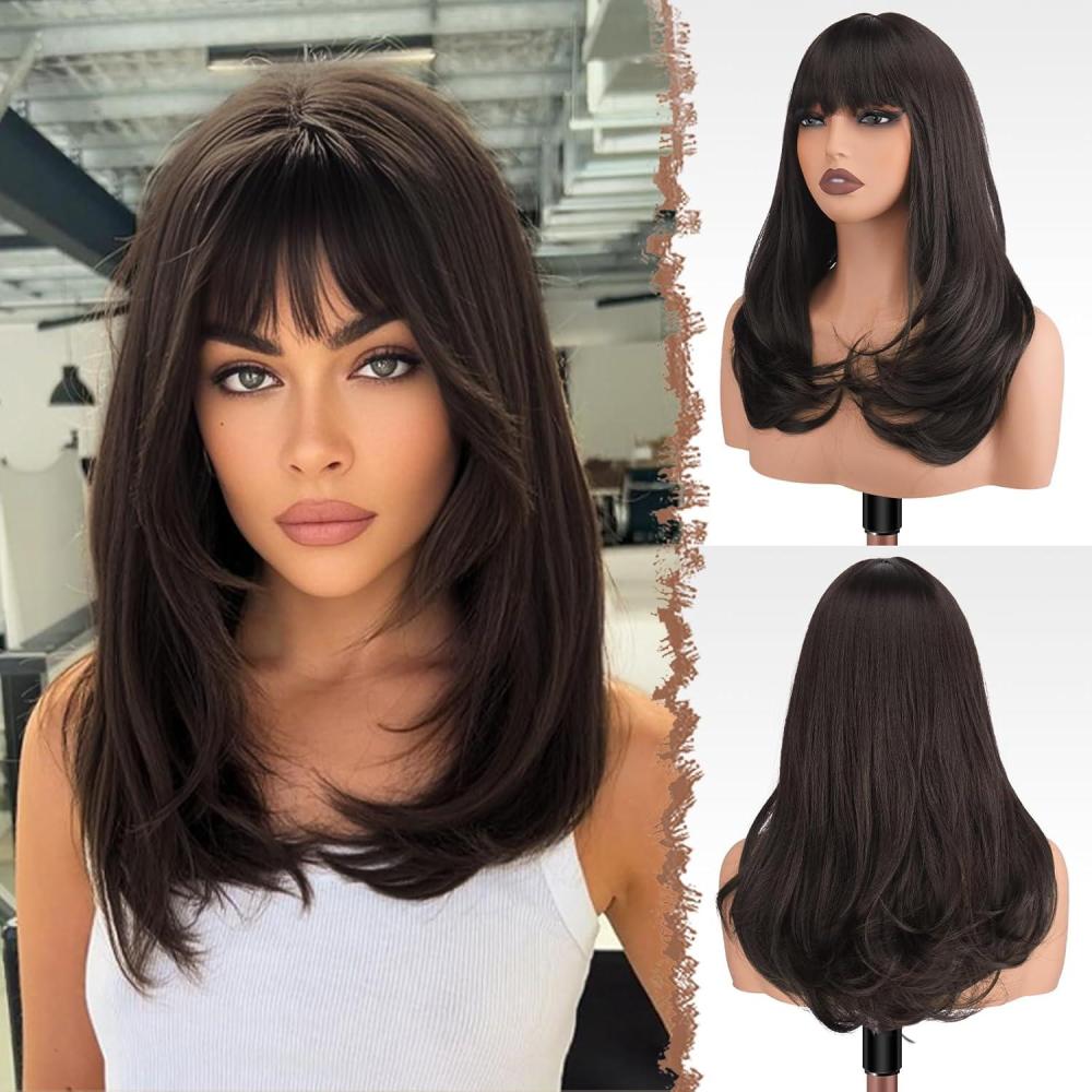 imageFESHFEN Long Wigs with Bangs Synthetic Natural Looking Layered Straight Hair Wig for Women Daily Party Use 18 inch Natural BlackBrown