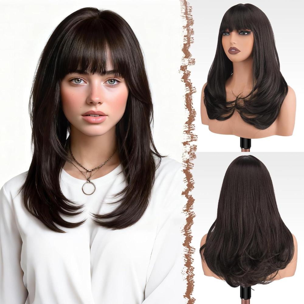 imageFESHFEN Long Wigs with Bangs Synthetic Natural Looking Layered Straight Hair Wig for Women Daily Party Use 18 inch Natural BlackDark Brown
