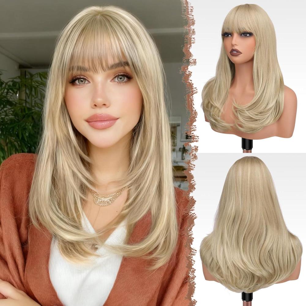 imageFESHFEN Long Wigs with Bangs Synthetic Natural Looking Layered Straight Hair Wig for Women Daily Party Use 18 inch Natural BlackDirty Blonde