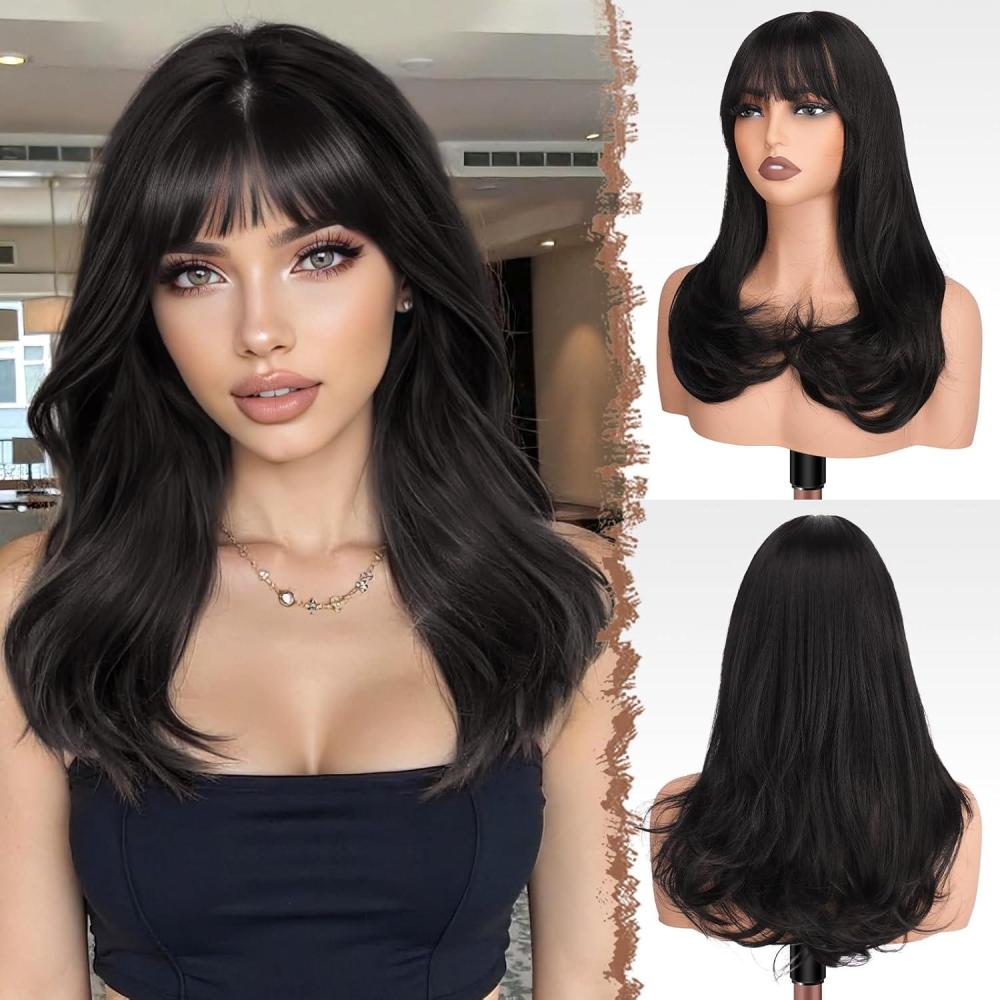 imageFESHFEN Long Wigs with Bangs Synthetic Natural Looking Layered Straight Hair Wig for Women Daily Party Use 18 inch Natural BlackNatural Black