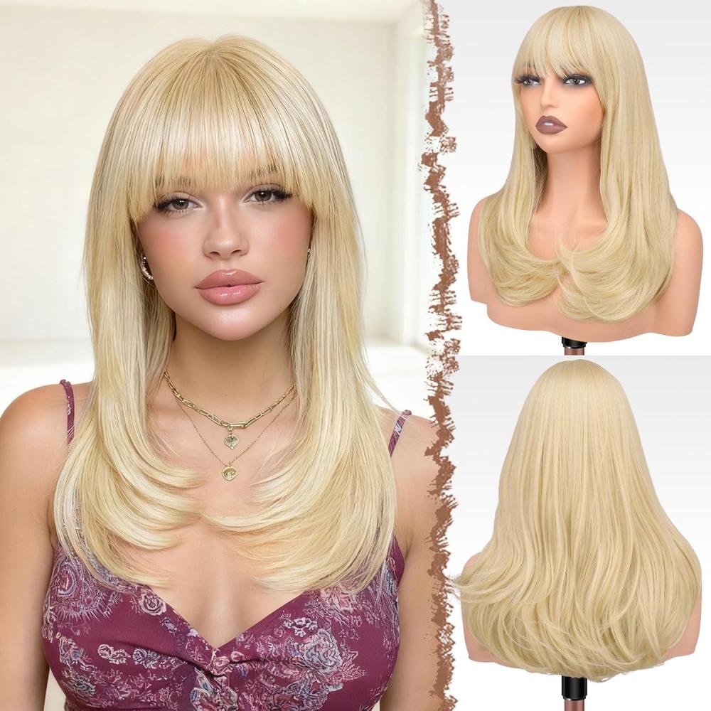 imageFESHFEN Long Wigs with Bangs Synthetic Natural Looking Layered Straight Hair Wig for Women Daily Party Use 18 inch Natural BlackPlatinum Blonde