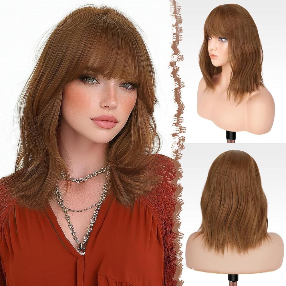 imageFESHFEN Shoulder Length Wigs with Bangs  Ombre Blonde Natural Looking Wavy Medium Length Synthetic Hair Bob Wig for Women Daily Party Use 14 inchAuburn