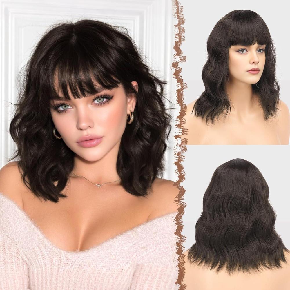 imageFESHFEN Shoulder Length Wigs with Bangs Ombre Blonde Natural Looking Wavy Medium Length Synthetic Hair Bob Wig for Women Daily Party Use 14 inchBrown