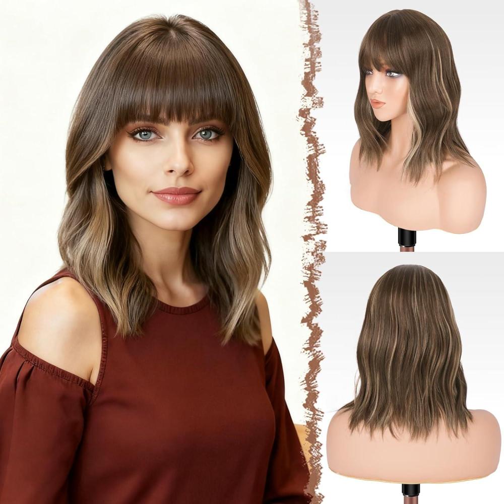 imageFESHFEN Shoulder Length Wigs with Bangs Ombre Blonde Natural Looking Wavy Medium Length Synthetic Hair Bob Wig for Women Daily Party Use 14 inchBrown Mixed Blonde
