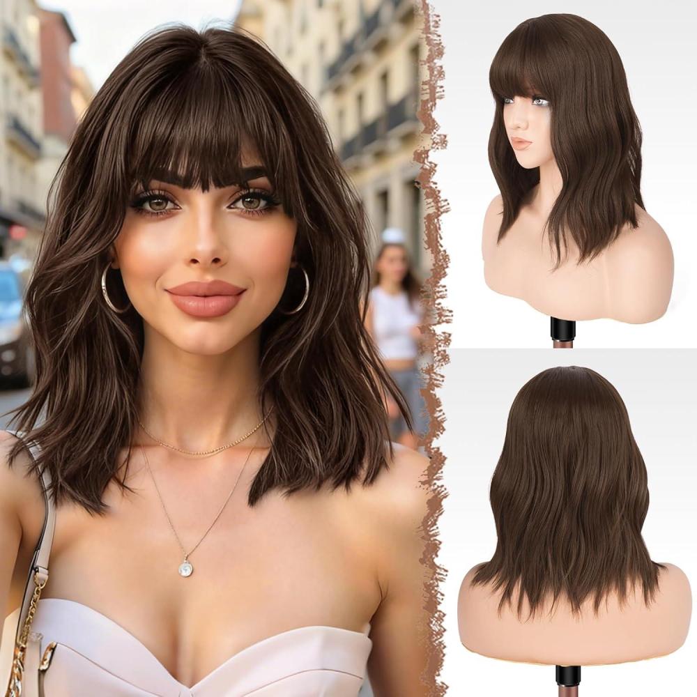 imageFESHFEN Shoulder Length Wigs with Bangs Ombre Blonde Natural Looking Wavy Medium Length Synthetic Hair Bob Wig for Women Daily Party Use 14 inchMix Brown