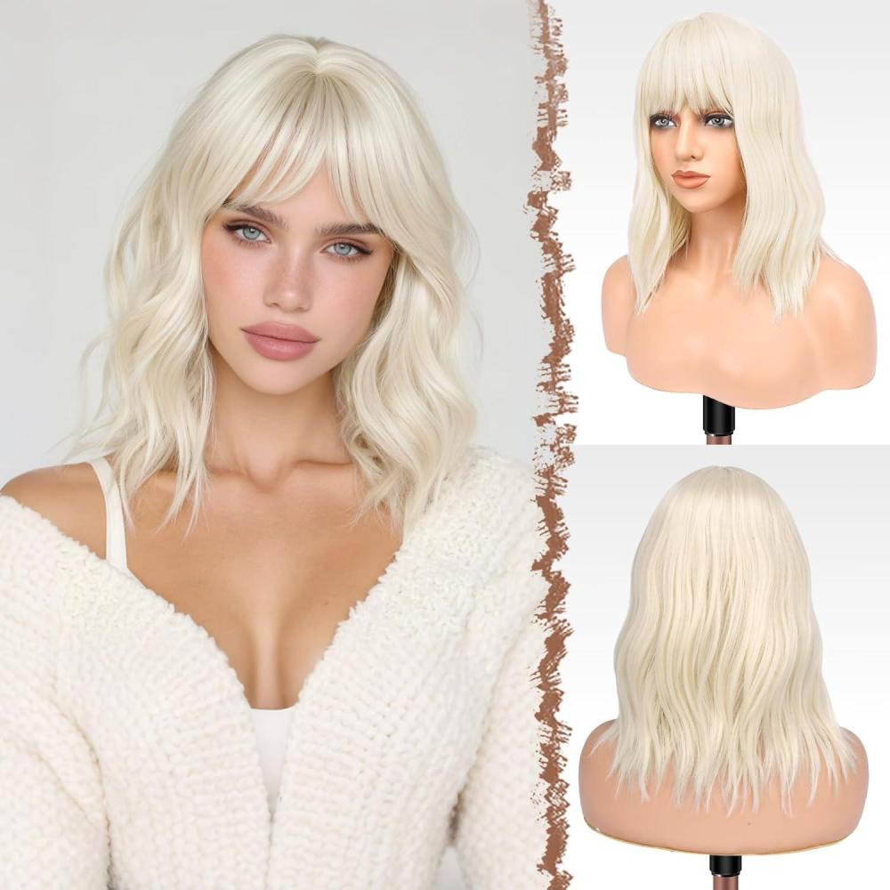 imageFESHFEN Shoulder Length Wigs with Bangs  Ombre Blonde Natural Looking Wavy Medium Length Synthetic Hair Bob Wig for Women Daily Party Use 14 inchPlatinum Blonde