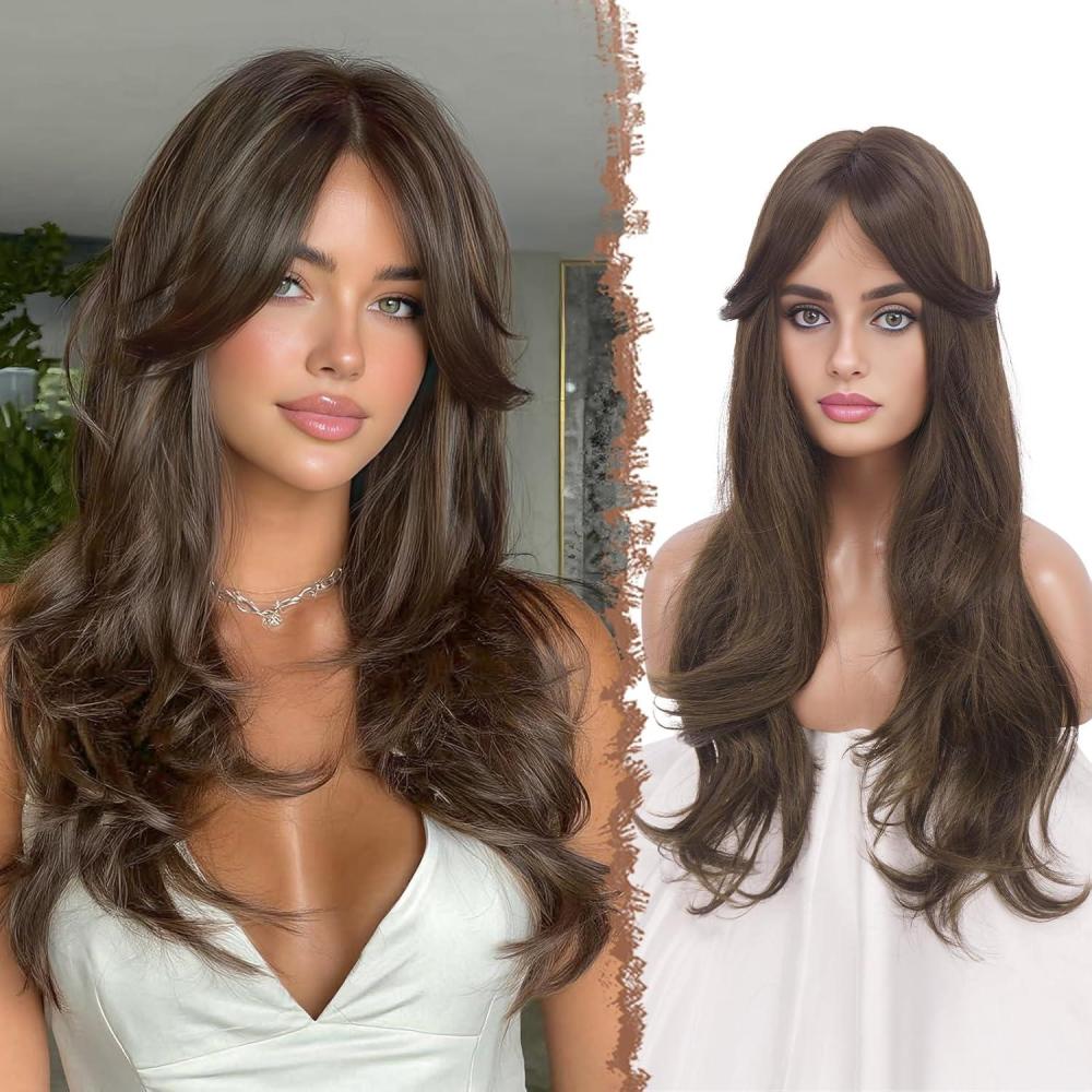 imageFESHFEN Wigs for Women Long Layered Wigs with Curtain Bangs Natural Looking Synthetic Heat Resistant Hair Wig for Daily Use Party 26 inch Ombre BrownBrown with Highlights