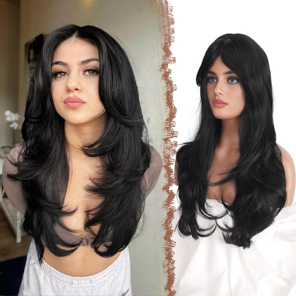 imageFESHFEN Wigs for Women Long Layered Wigs with Curtain Bangs Natural Looking Synthetic Heat Resistant Hair Wig for Daily Use Party 26 inch Ombre BrownBlack