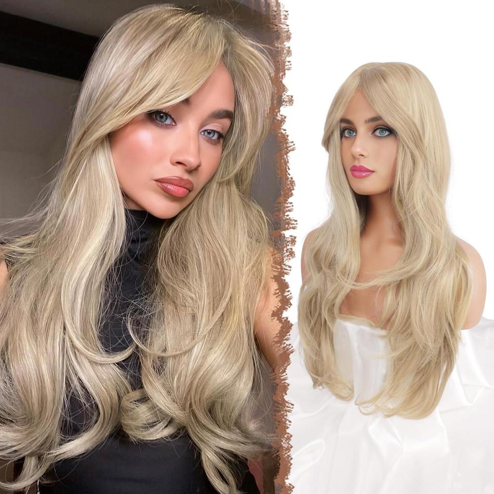 imageFESHFEN Wigs for Women Long Layered Wigs with Curtain Bangs Natural Looking Synthetic Heat Resistant Hair Wig for Daily Use Party 26 inch Ombre BrownDirty Blonde