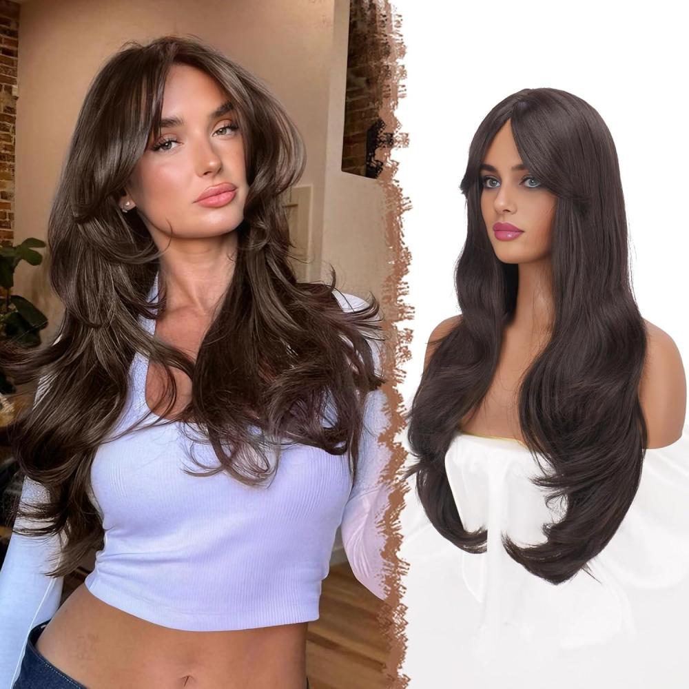 imageFESHFEN Wigs for Women Long Layered Wigs with Curtain Bangs Natural Looking Synthetic Heat Resistant Hair Wig for Daily Use Party 26 inch Ombre BrownMedium Brown