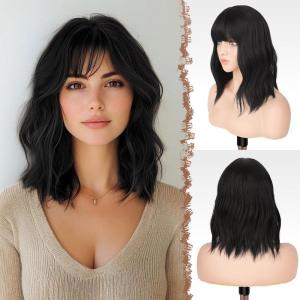 FESHFEN Bob Wigs with Bangs, Green Shoulder Length Wavy Wig Synthetic Hair Wig for Women Costume Party Daily, 14 inch(Black Brown)