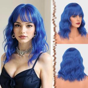 FESHFEN Bob Wigs with Bangs, Green Shoulder Length Wavy Wig Synthetic Hair Wig for Women Costume Party Daily, 14 inch(Dark Blue)