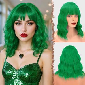 FESHFEN Bob Wigs with Bangs, Green Shoulder Length Wavy Wig Synthetic Hair Wig for Women Costume Party Daily, 14 inch(Green)