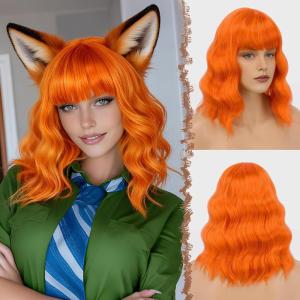 FESHFEN Bob Wigs with Bangs, Green Shoulder Length Wavy Wig Synthetic Hair Wig for Women Costume Party Daily, 14 inch(Orange)