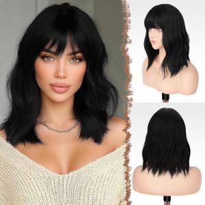 FESHFEN Bob Wigs with Bangs, Orange Shoulder Length Wavy Wig Synthetic Hair Wig for Women Costume Party Daily, 14 inch(Black)