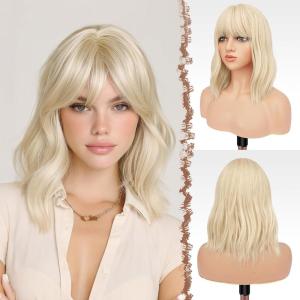 FESHFEN Bob Wigs with Bangs, Orange Shoulder Length Wavy Wig Synthetic Hair Wig for Women Costume Party Daily, 14 inch(Light Blonde)