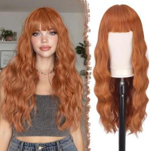 FESHFEN Brown Blonde Wig with Bangs for Women, Long Wavy Natural Looking Synthetic Hair Wigs for Daily Party Costume, Brown Mixed Blonde 26 inch(Auburn)