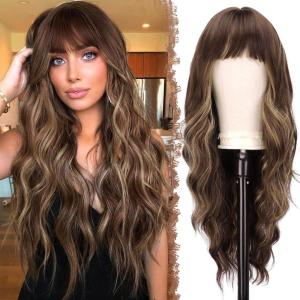 FESHFEN Brown Blonde Wig with Bangs for Women, Long Wavy Natural Looking Synthetic Hair Wigs for Daily Party Costume, Brown Mixed Blonde 26 inch(Brown Mixed Blonde)