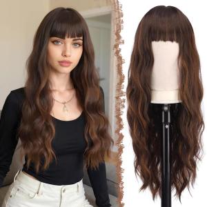 FESHFEN Brown Blonde Wig with Bangs for Women, Long Wavy Natural Looking Synthetic Hair Wigs for Daily Party Costume, Brown Mixed Blonde 26 inch(Brown Mixed Auburn)