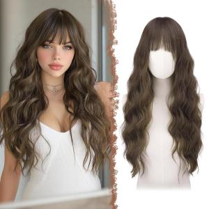 FESHFEN Brown Blonde Wig with Bangs for Women, Long Wavy Natural Looking Synthetic Hair Wigs for Daily Party Costume, Brown Mixed Blonde 26 inch(Brown with Highlights)