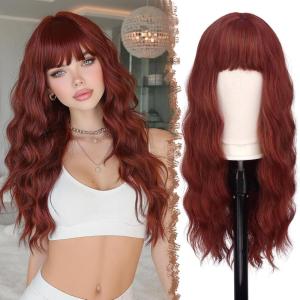 FESHFEN Brown Blonde Wig with Bangs for Women, Long Wavy Natural Looking Synthetic Hair Wigs for Daily Party Costume, Brown Mixed Blonde 26 inch(Copper Red)