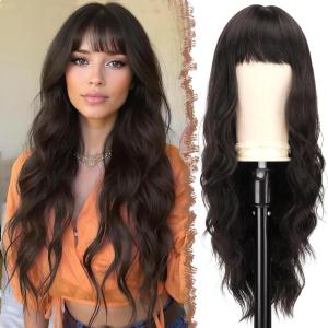 FESHFEN Brown Blonde Wig with Bangs for Women, Long Wavy Natural Looking Synthetic Hair Wigs for Daily Party Costume, Brown Mixed Blonde 26 inch(Dark Brown)