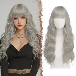 FESHFEN Brown Blonde Wig with Bangs for Women, Long Wavy Natural Looking Synthetic Hair Wigs for Daily Party Costume, Brown Mixed Blonde 26 inch(Grey)