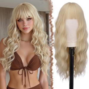 FESHFEN Brown Blonde Wig with Bangs for Women, Long Wavy Natural Looking Synthetic Hair Wigs for Daily Party Costume, Brown Mixed Blonde 26 inch(Light Blonde)