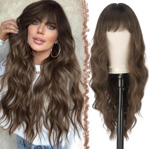 FESHFEN Brown Blonde Wig with Bangs for Women, Long Wavy Natural Looking Synthetic Hair Wigs for Daily Party Costume, Brown Mixed Blonde 26 inch(Medium Brown)