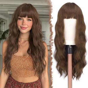 FESHFEN Brown Blonde Wig with Bangs for Women, Long Wavy Natural Looking Synthetic Hair Wigs for Daily Party Costume, Brown Mixed Blonde 26 inch(Mixed Brown)